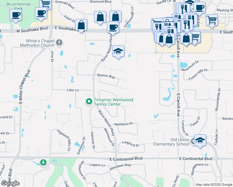 map of restaurants, bars, coffee shops, grocery stores, and more near 733 Saxon Trail in Southlake