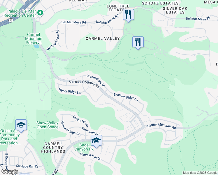 map of restaurants, bars, coffee shops, grocery stores, and more near 5398 Shannon Ridge Lane in San Diego