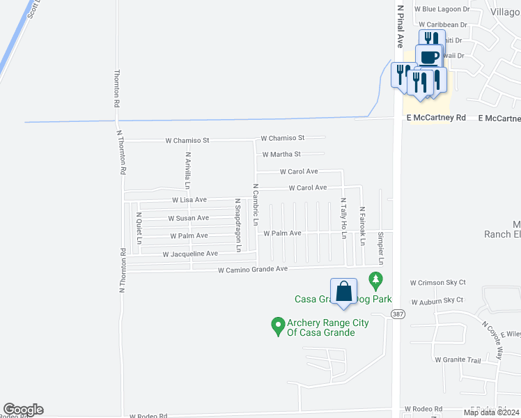 map of restaurants, bars, coffee shops, grocery stores, and more near 5905 North Cambric Lane in Casa Grande