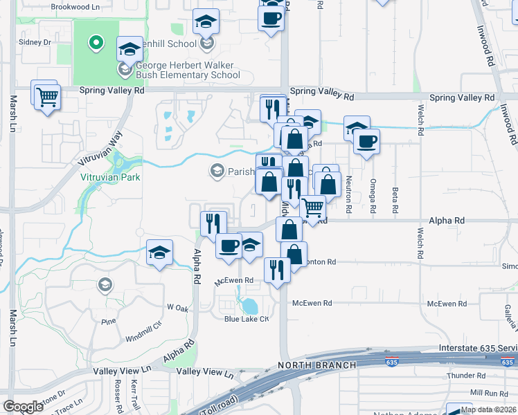 map of restaurants, bars, coffee shops, grocery stores, and more near 13605 Midway Road in Farmers Branch