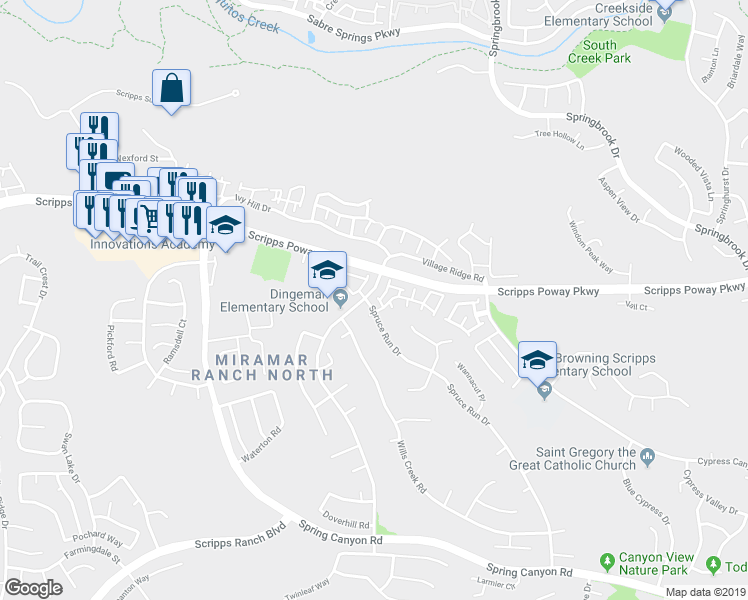 map of restaurants, bars, coffee shops, grocery stores, and more near 11842 Scripps Creek Drive in San Diego