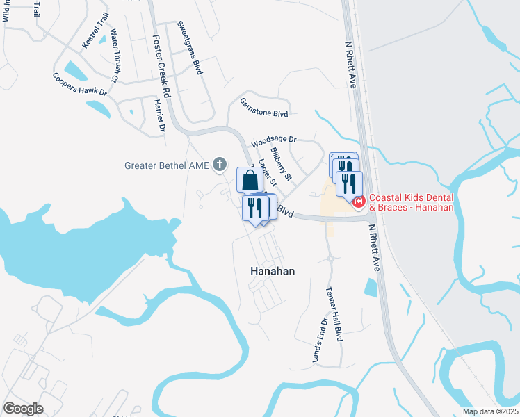 map of restaurants, bars, coffee shops, grocery stores, and more near 1320 Channel Marker Way in Hanahan