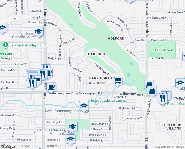 map of restaurants, bars, coffee shops, grocery stores, and more near 2126 Rolling Oak Lane in Garland