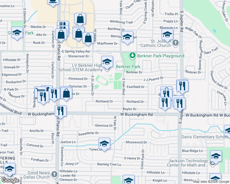 map of restaurants, bars, coffee shops, grocery stores, and more near 1713 Baltimore Drive in Richardson