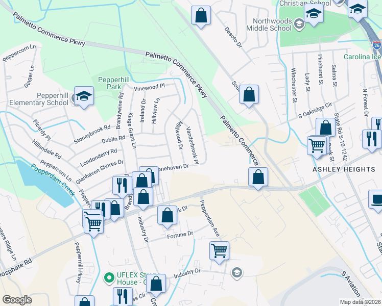 map of restaurants, bars, coffee shops, grocery stores, and more near 7617 Vanderbrook Place in North Charleston