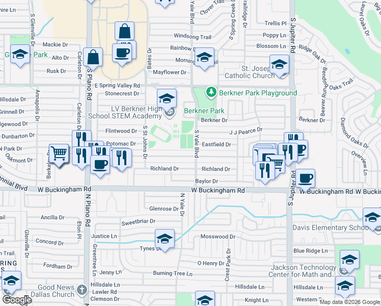map of restaurants, bars, coffee shops, grocery stores, and more near 1713 Baltimore Drive in Richardson