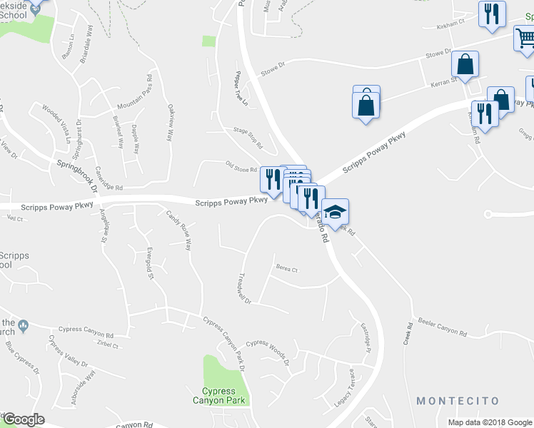 map of restaurants, bars, coffee shops, grocery stores, and more near 11790 Treadwell Drive in Poway