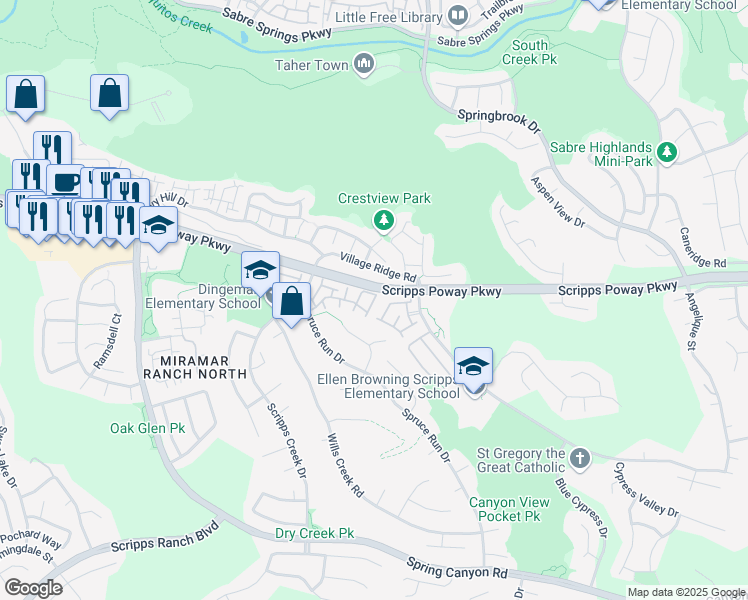 map of restaurants, bars, coffee shops, grocery stores, and more near 11887 Spruce Run Drive in San Diego