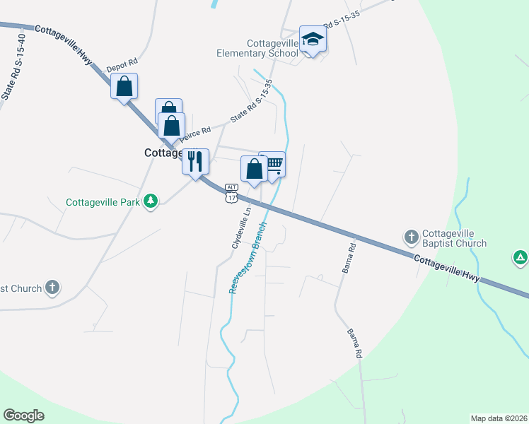 map of restaurants, bars, coffee shops, grocery stores, and more near 18 State Road S-15-419 in Cottageville