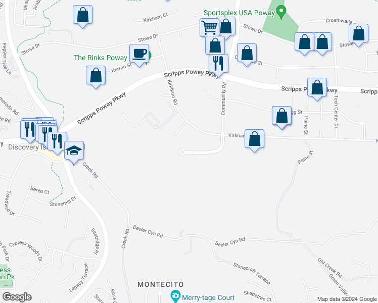 map of restaurants, bars, coffee shops, grocery stores, and more near 10244 Community Road in Poway