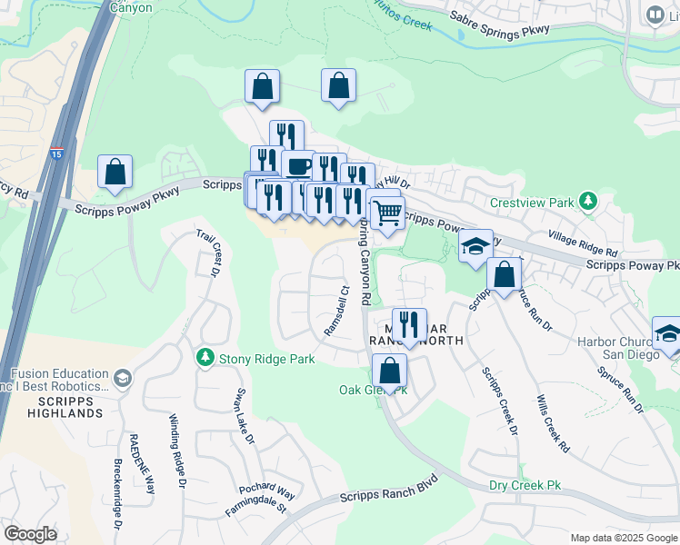 map of restaurants, bars, coffee shops, grocery stores, and more near 10694 Tipperary Way in San Diego