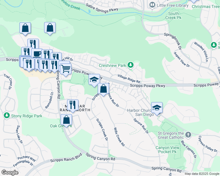 map of restaurants, bars, coffee shops, grocery stores, and more near 11805 Spruce Run Drive in San Diego