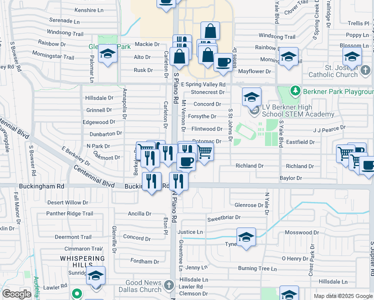 map of restaurants, bars, coffee shops, grocery stores, and more near 1407 Baltimore Drive in Richardson