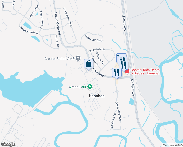 map of restaurants, bars, coffee shops, grocery stores, and more near 1320 Channel Marker Way in Hanahan