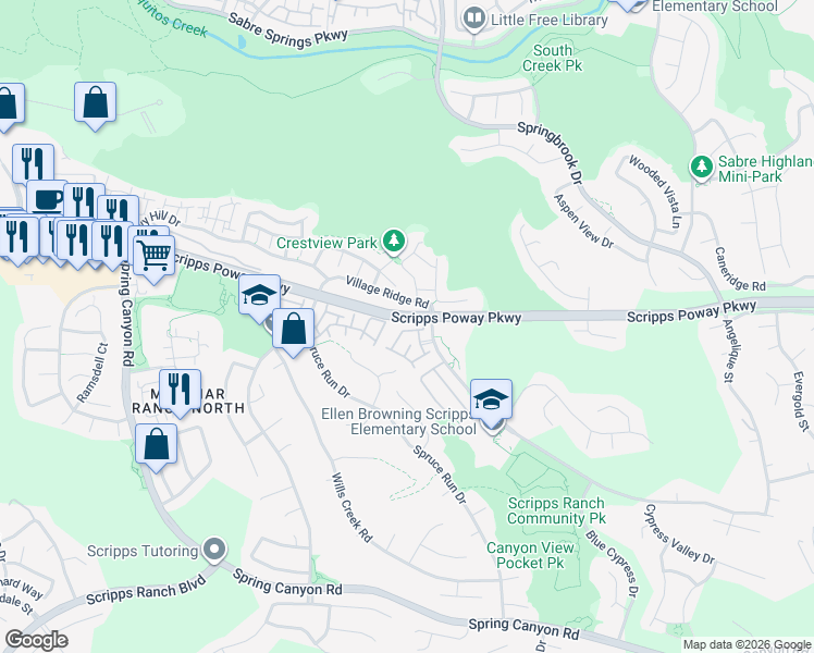 map of restaurants, bars, coffee shops, grocery stores, and more near 11940 Cypress Canyon Road in San Diego