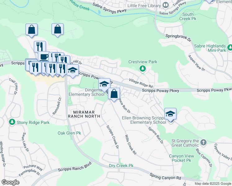 map of restaurants, bars, coffee shops, grocery stores, and more near 11840 Scripps Creek Drive in San Diego