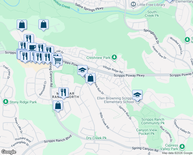 map of restaurants, bars, coffee shops, grocery stores, and more near 11805 Spruce Run Drive in San Diego