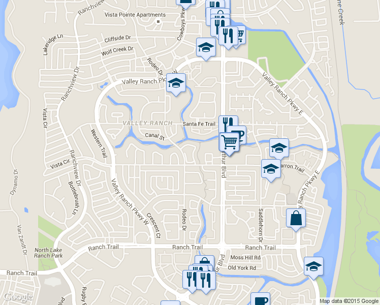 map of restaurants, bars, coffee shops, grocery stores, and more near 681 Cimarron Trail in Irving