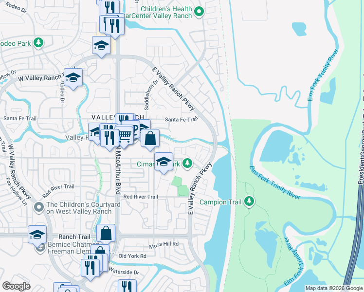 map of restaurants, bars, coffee shops, grocery stores, and more near 137 Cimarron Trail in Irving
