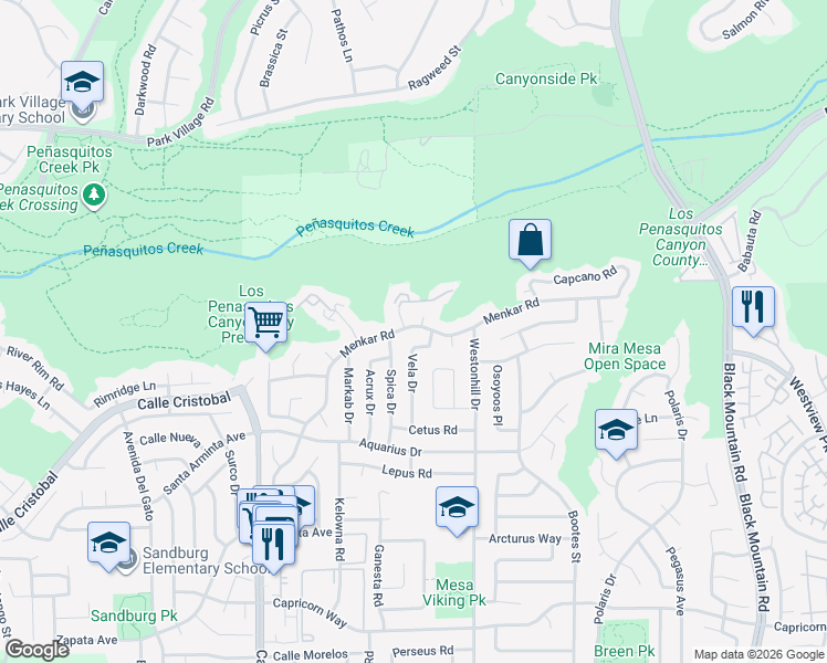 map of restaurants, bars, coffee shops, grocery stores, and more near 8651 Menkar Road in San Diego