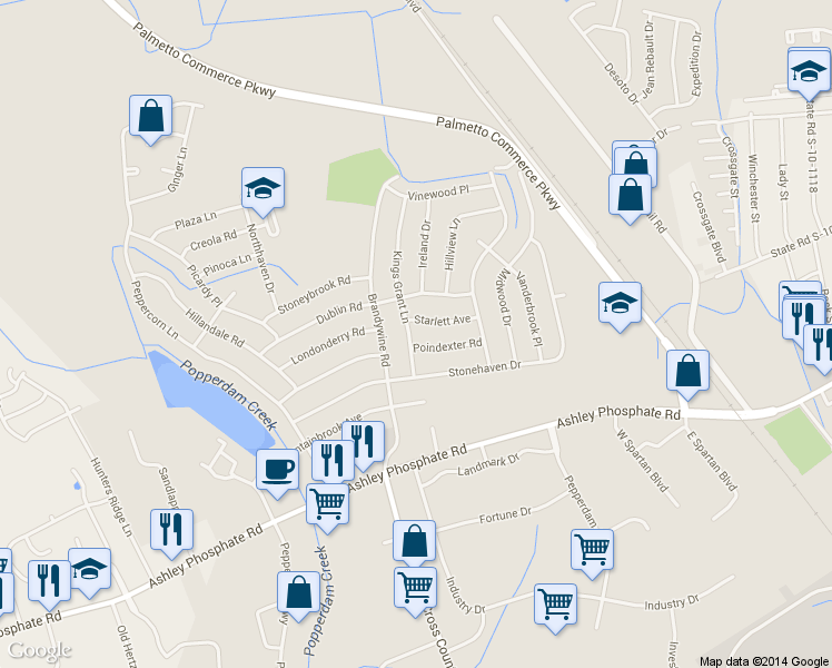 map of restaurants, bars, coffee shops, grocery stores, and more near 7618 Kings Grant Lane in North Charleston