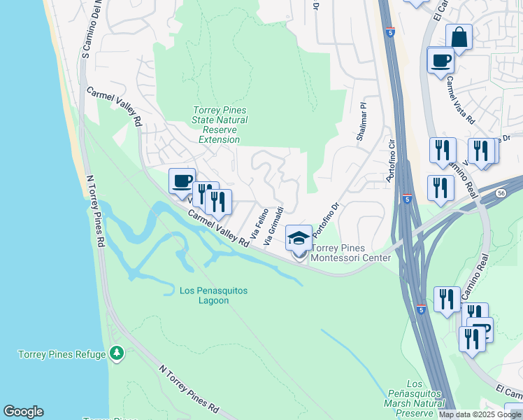 map of restaurants, bars, coffee shops, grocery stores, and more near 12794 Via Felino in Del Mar