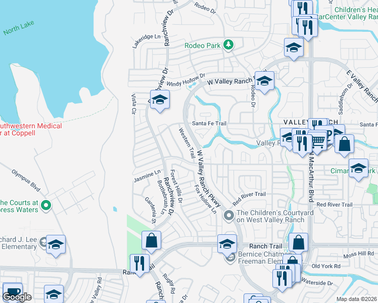 map of restaurants, bars, coffee shops, grocery stores, and more near 9316 Ponderosa Trail in Irving