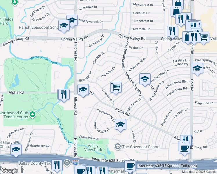 map of restaurants, bars, coffee shops, grocery stores, and more near 13526 Sprucewood Drive in Dallas
