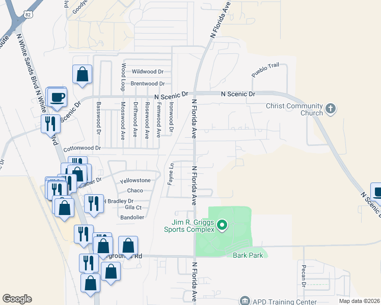 map of restaurants, bars, coffee shops, grocery stores, and more near 740 Saddle Court in Alamogordo