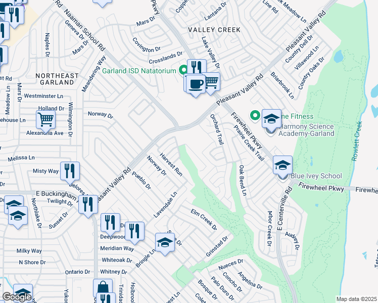 map of restaurants, bars, coffee shops, grocery stores, and more near 2125 Autumn Trail in Garland