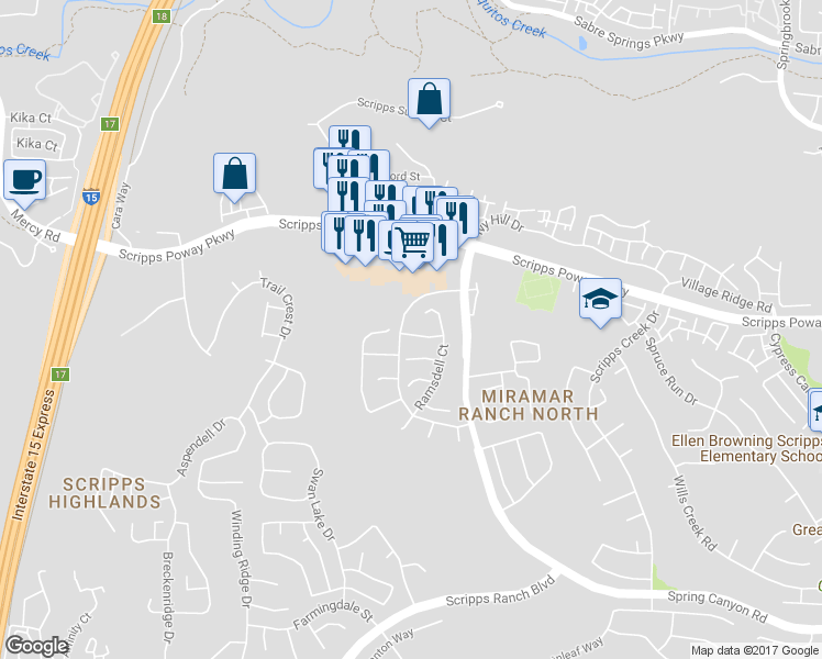 map of restaurants, bars, coffee shops, grocery stores, and more near 10652 Tipperary Way in San Diego
