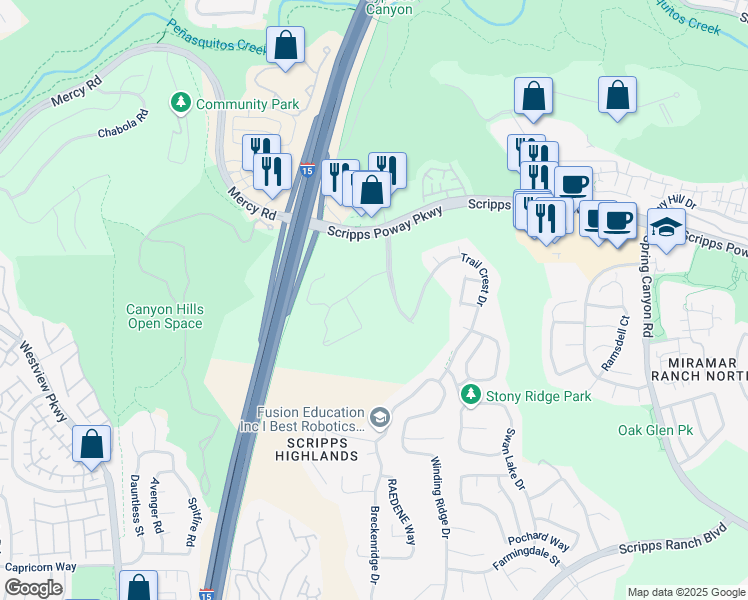 map of restaurants, bars, coffee shops, grocery stores, and more near 10177 Scripps Gateway Ct in San Diego