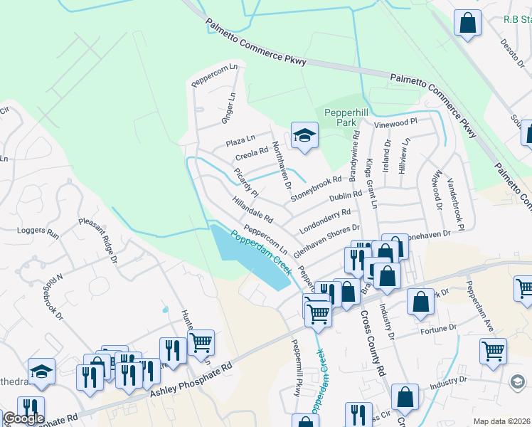 map of restaurants, bars, coffee shops, grocery stores, and more near 7644 Hillandale Road in North Charleston