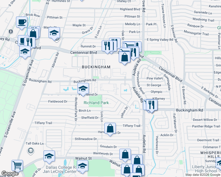 map of restaurants, bars, coffee shops, grocery stores, and more near 530 Buckingham Road in Richardson