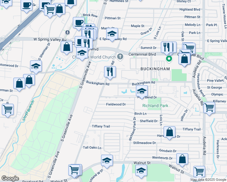 map of restaurants, bars, coffee shops, grocery stores, and more near 410 Buckingham Road in Richardson