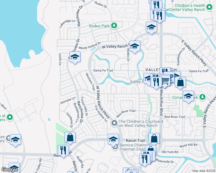 map of restaurants, bars, coffee shops, grocery stores, and more near 9445 Abbey Road in Irving