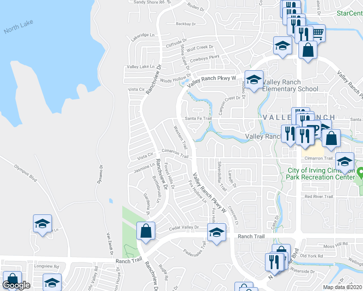 map of restaurants, bars, coffee shops, grocery stores, and more near 9316 Ponderosa Trail in Irving