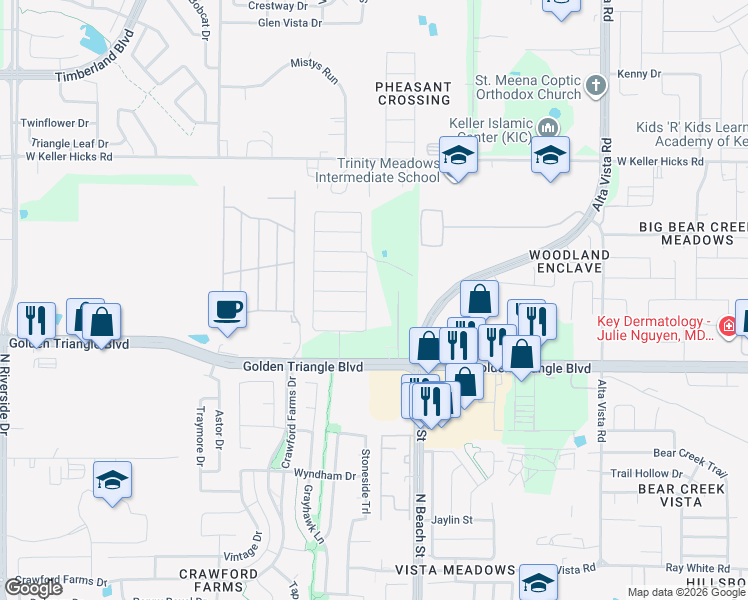 map of restaurants, bars, coffee shops, grocery stores, and more near 11052 East Dawn Drive in Fort Worth