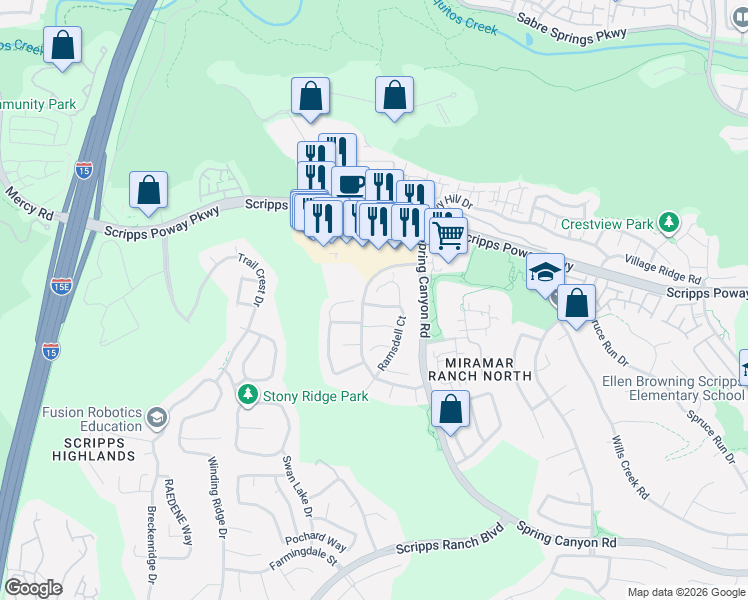 map of restaurants, bars, coffee shops, grocery stores, and more near 10660 Tipperary Way in San Diego
