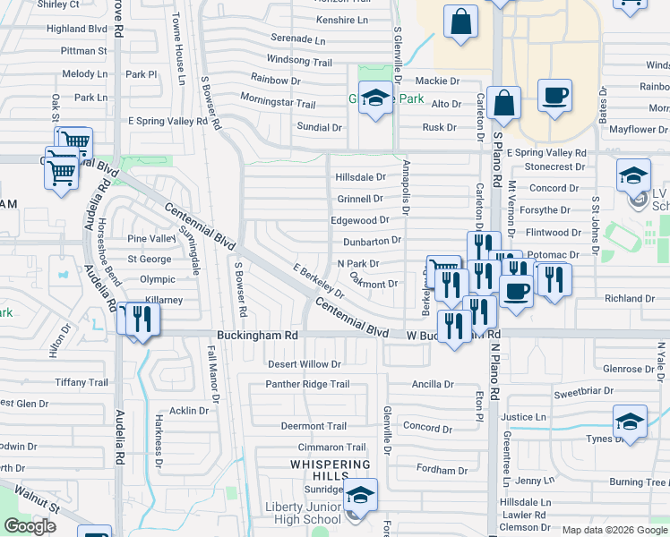 map of restaurants, bars, coffee shops, grocery stores, and more near 1201 College Park Boulevard in Richardson
