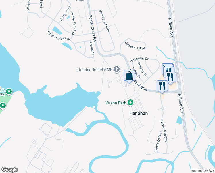 map of restaurants, bars, coffee shops, grocery stores, and more near Hanahan Rd in Hanahan