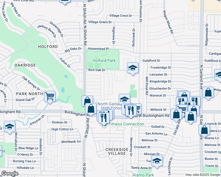 map of restaurants, bars, coffee shops, grocery stores, and more near 2124 Windy Drive in Garland