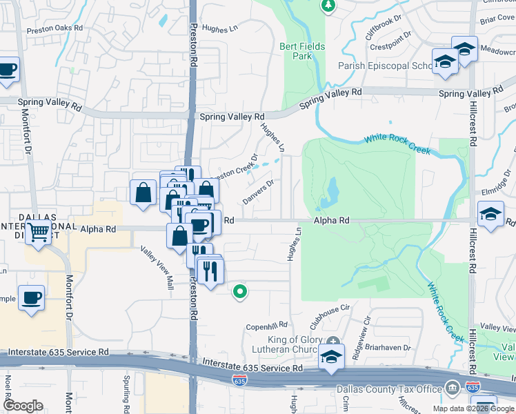 map of restaurants, bars, coffee shops, grocery stores, and more near 13744 Danvers Place in Dallas