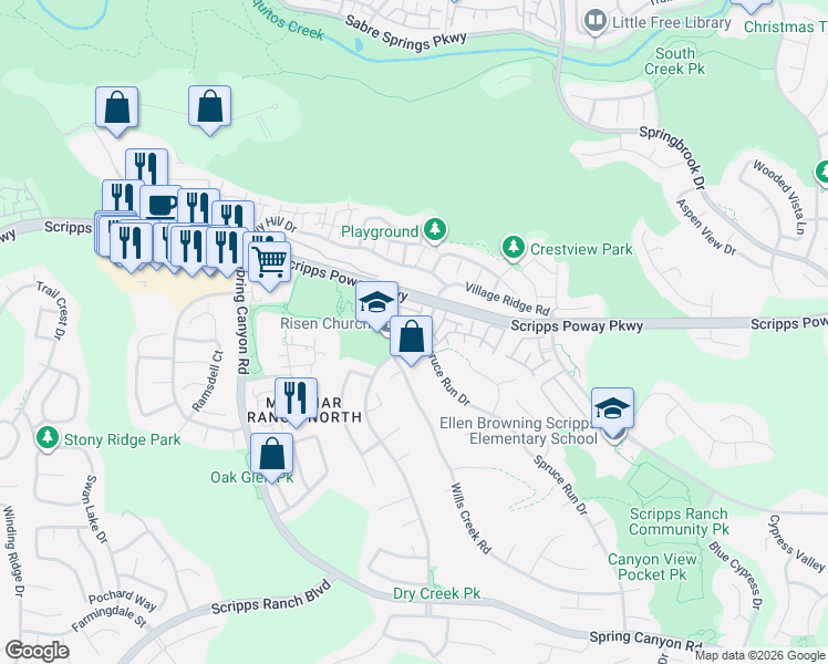 map of restaurants, bars, coffee shops, grocery stores, and more near 11842 Scripps Creek Drive in San Diego