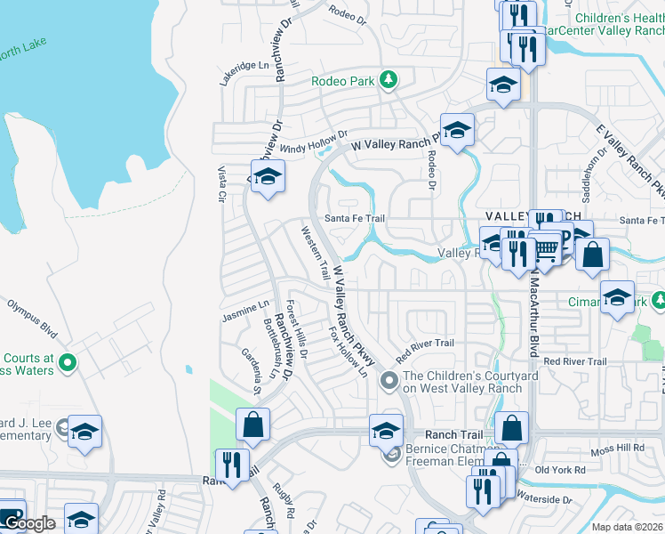 map of restaurants, bars, coffee shops, grocery stores, and more near 9321 Valley Ranch Parkway West in Irving