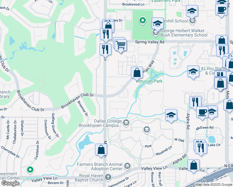 map of restaurants, bars, coffee shops, grocery stores, and more near 3737 Vitruvian Way in Addison