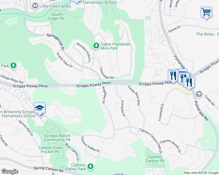 map of restaurants, bars, coffee shops, grocery stores, and more near 12060 Daymark Court in San Diego