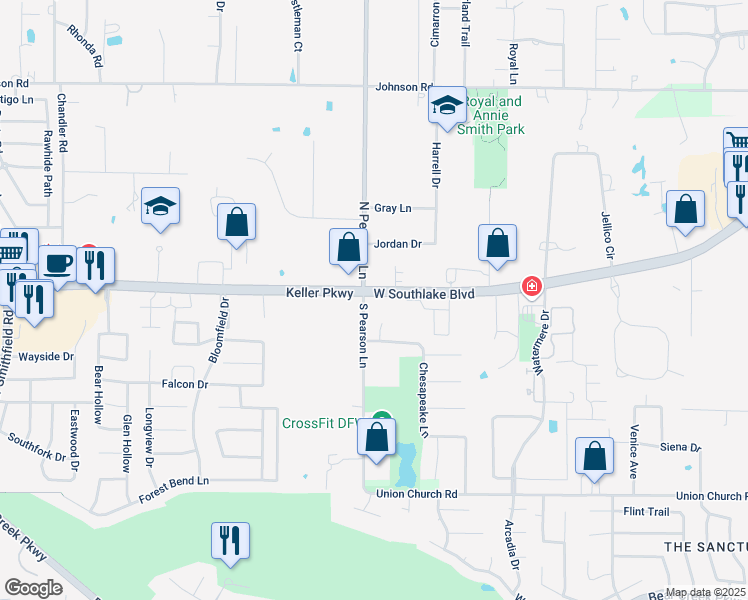 map of restaurants, bars, coffee shops, grocery stores, and more near 3280 West Southlake Boulevard in Southlake