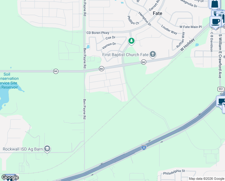 map of restaurants, bars, coffee shops, grocery stores, and more near 783-999 West Holiday in Rockwall