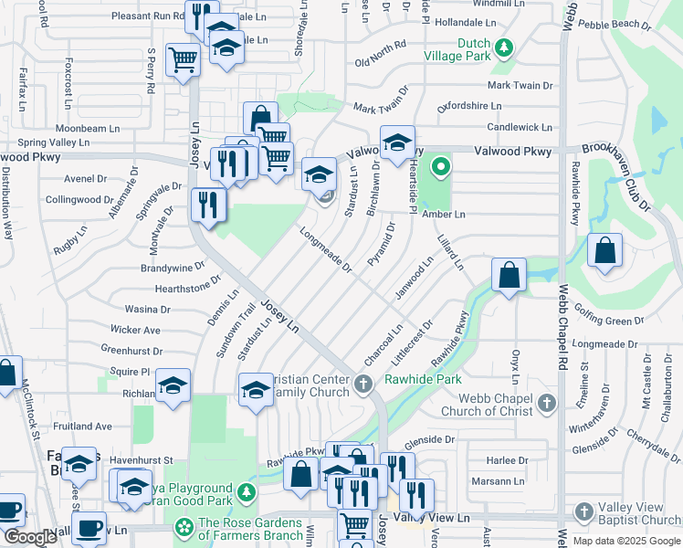 map of restaurants, bars, coffee shops, grocery stores, and more near 13870 Birchlawn Drive in Farmers Branch
